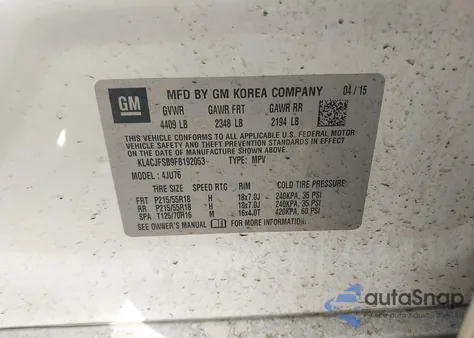 2015 Buick Encore Convenience z USA, uszkodzony, nr VIN KL4CJFSB9FB192053